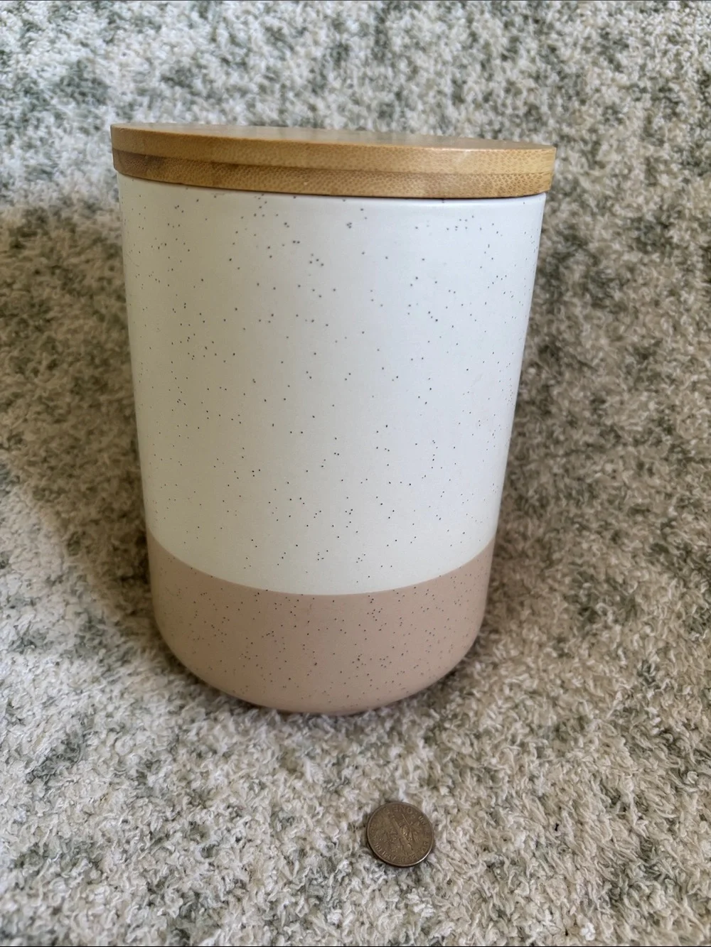 Vancasso Stoneware Speckled Ceramic Canister with Bamboo Lid NWT 6.5x4.5”